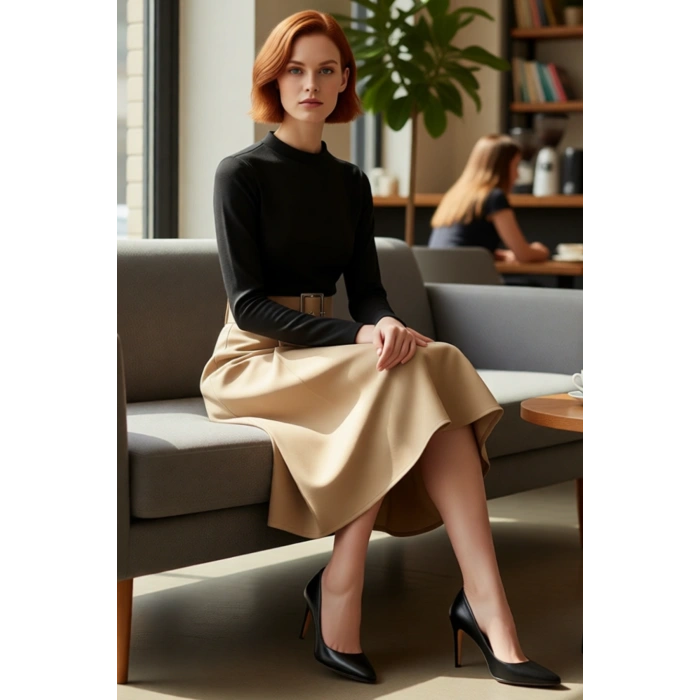 Kadın A Line Midi Renk Bloklu Kemerli Örme Elbise Bisiklet Yaka Tasarımıyla Soğuklarda İdeal