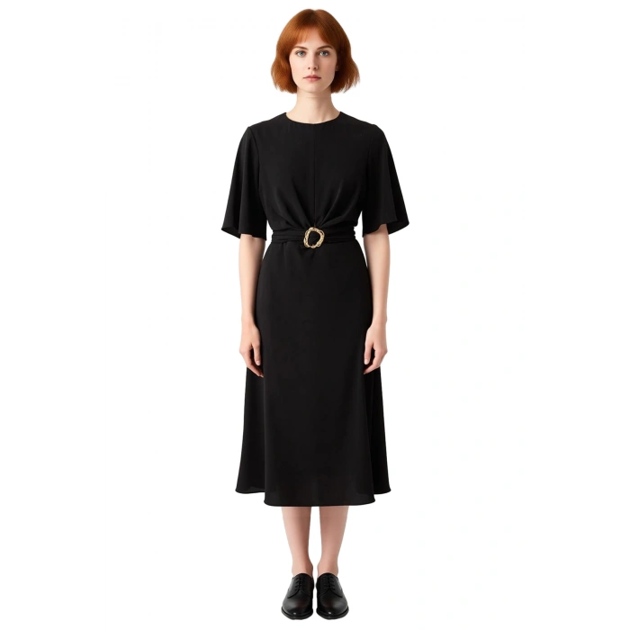 Kadın A line Siluet Bordo Düz Mat Saten Midi Elbise Aksesuar Detayı Bisiklet Yaka Dokuma Şık