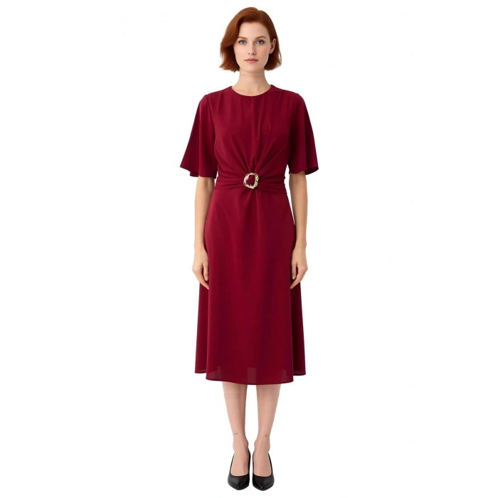 Kadın A line Siluet Bordo Düz Mat Saten Midi Elbise Aksesuar Detayı Bisiklet Yaka Dokuma Şık