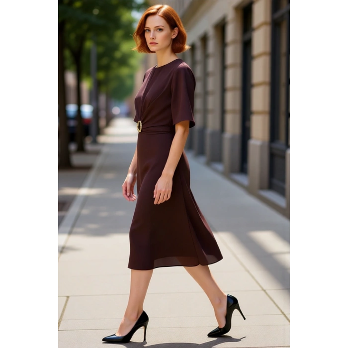 Kadın A line Siluet Bordo Düz Mat Saten Midi Elbise Aksesuar Detayı Bisiklet Yaka Dokuma Şık