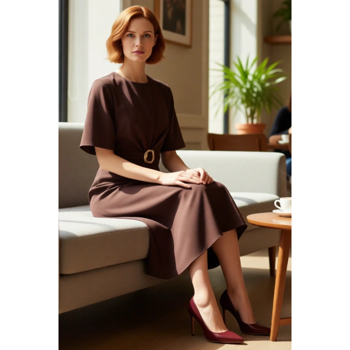 Kadın A line Siluet Bordo Düz Mat Saten Midi Elbise Aksesuar Detayı Bisiklet Yaka Dokuma Şık