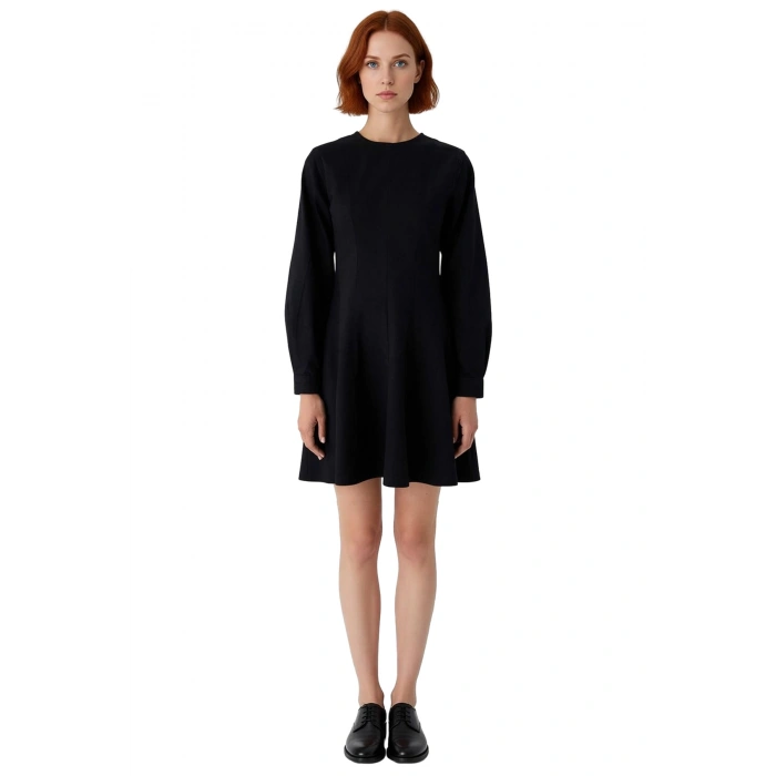 Kadın A Line Siyah Denim Mini Elbise Bisiklet Yaka Standart Uzun Kollu Şık Günlük Stile Uygun