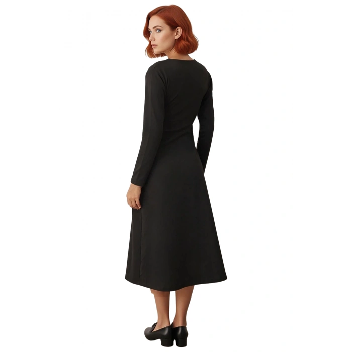 Kadın A Line Uzun Kollu V Yaka Düğmeli Maxi Elbise Düz Örme Kış Sezonu Smart Şıklık Kaliteli