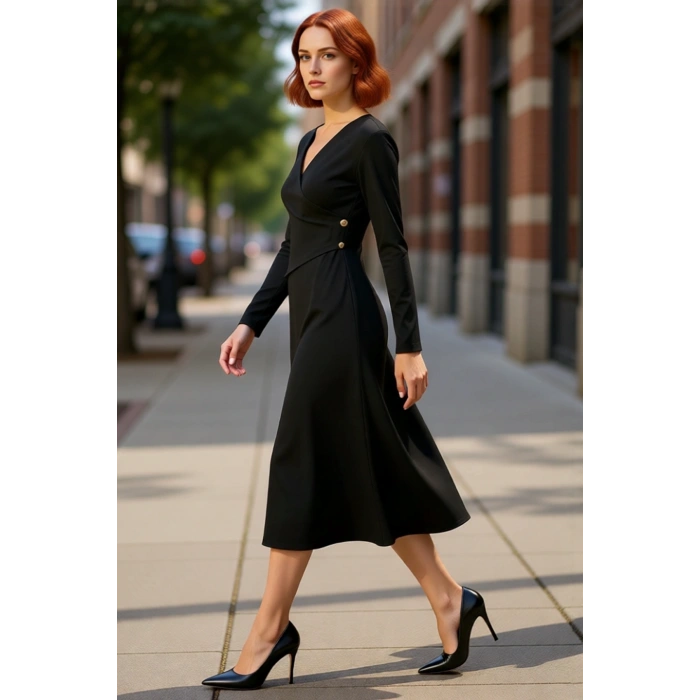 Kadın A Line Uzun Kollu V Yaka Düğmeli Maxi Elbise Düz Örme Kış Sezonu Smart Şıklık Kaliteli