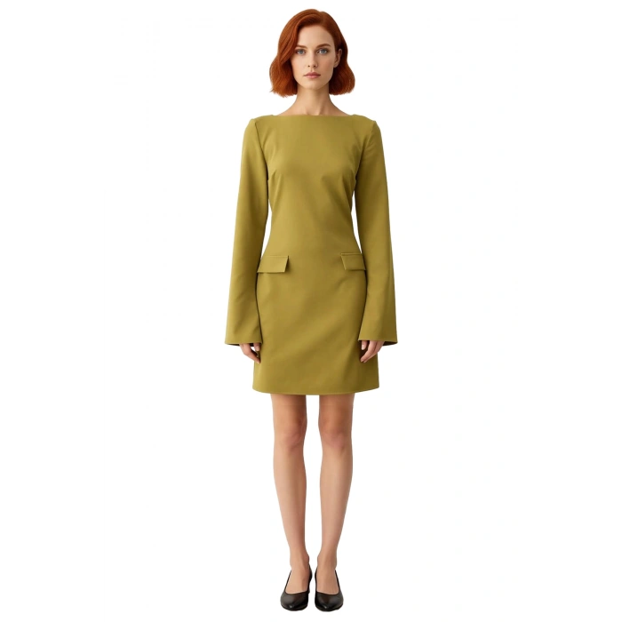 Kadın A Line Yeşil Kayık Yaka Uzun İspanyol Kollu Mini Dokuma Kışlık Elbise Şık Görünüm Sunar