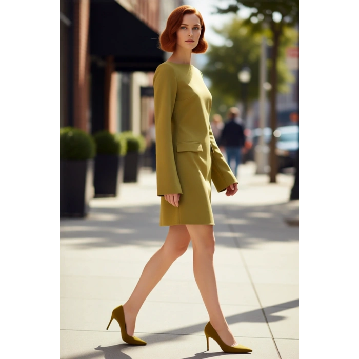 Kadın A Line Yeşil Kayık Yaka Uzun İspanyol Kollu Mini Dokuma Kışlık Elbise Şık Görünüm Sunar