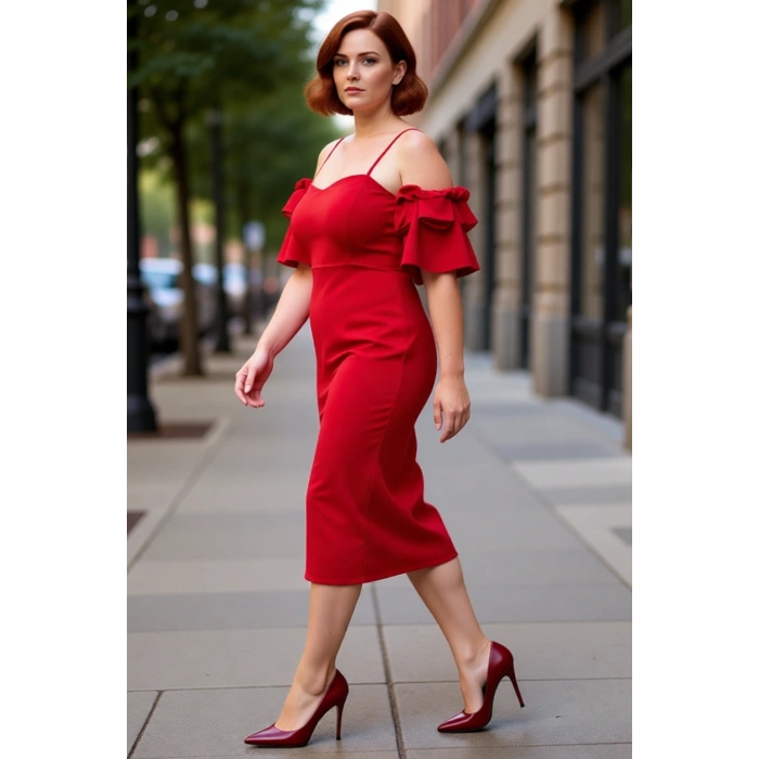 Kadın Abiye Bodycon Elbise Astarlı Midi Boy İnce Askılı Fırfırlı Kol Şık Kokteyl ve Mezuniyet