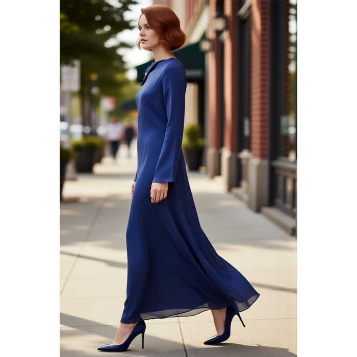 Kadın Abiye Maxi Elbise Asimetrik Yakalı Düğme Detaylı Uzun Kollu Astarlı Parti Şıklığı Kaliteli
