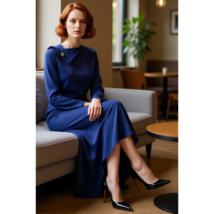 Kadın Abiye Maxi Elbise Asimetrik Yakalı Düğme Detaylı Uzun Kollu Astarlı Parti Şıklığı Kaliteli