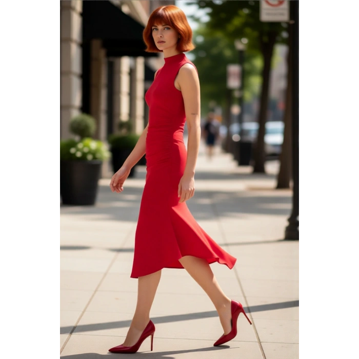 Kadın Abiye Skater Elbise Dik Yaka Kolsuz Midi Boy Düz Desen Şık Gece ve Davetler İçin İdeal Seçim