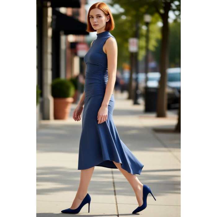 Kadın Abiye Skater Elbise Dik Yaka Kolsuz Midi Boy Düz Desen Şık Gece ve Davetler İçin İdeal Seçim