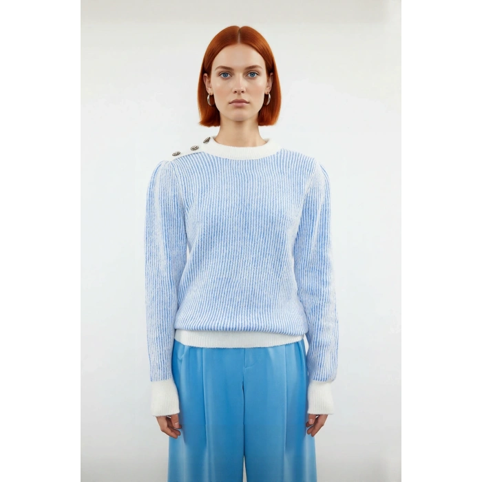 Kadın Açık Mavi Çizgili Düğme Detaylı Bisiklet Yaka Uzun Kollu Triko Kazak Günlük Kombinler İçin Şık