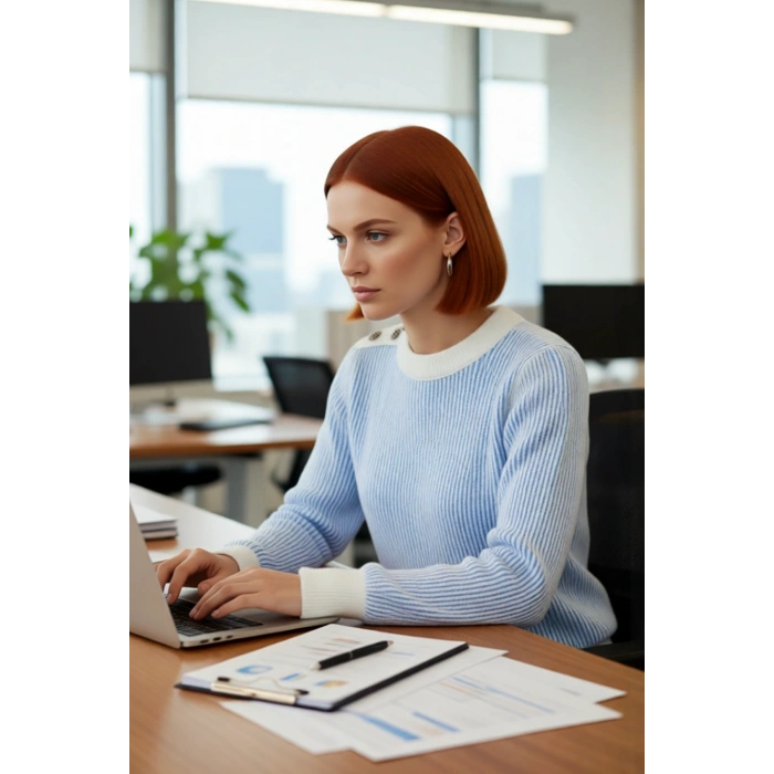 Kadın Açık Mavi Çizgili Düğme Detaylı Bisiklet Yaka Uzun Kollu Triko Kazak Günlük Kombinler İçin Şık
