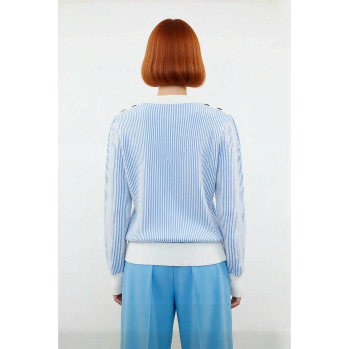 Kadın Açık Mavi Çizgili Düğme Detaylı Bisiklet Yaka Uzun Kollu Triko Kazak Günlük Kombinler İçin Şık