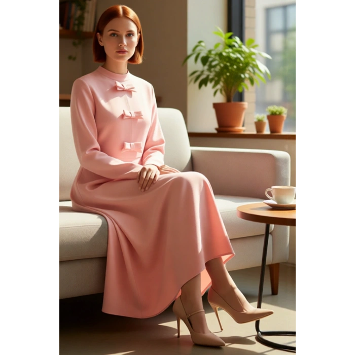 Kadın Açık Mavi Maxi Boy Düz Desen Dokuma Kurdele Detaylı Skater Siluet Uzun Kollu Elbise Kaliteli