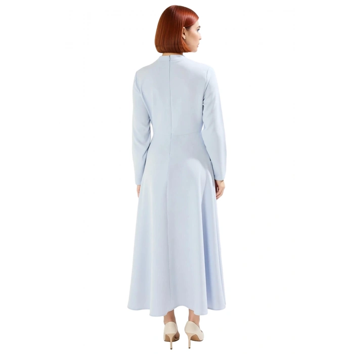 Kadın Açık Mavi Maxi Boy Düz Desen Dokuma Kurdele Detaylı Skater Siluet Uzun Kollu Elbise Kaliteli