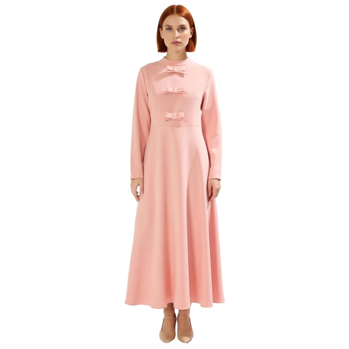 Kadın Açık Mavi Maxi Boy Düz Desen Dokuma Kurdele Detaylı Skater Siluet Uzun Kollu Elbise Kaliteli