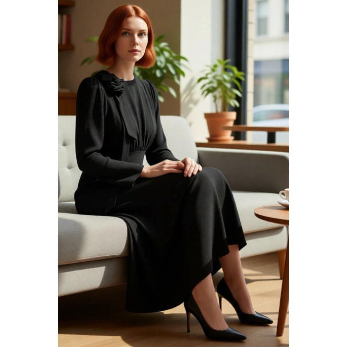 Kadın Aerobin Dokuma Fiyonk Detaylı Maxi Boy Balık Kalıp Uzun Kollu Bisiklet Yaka Düz Elbise