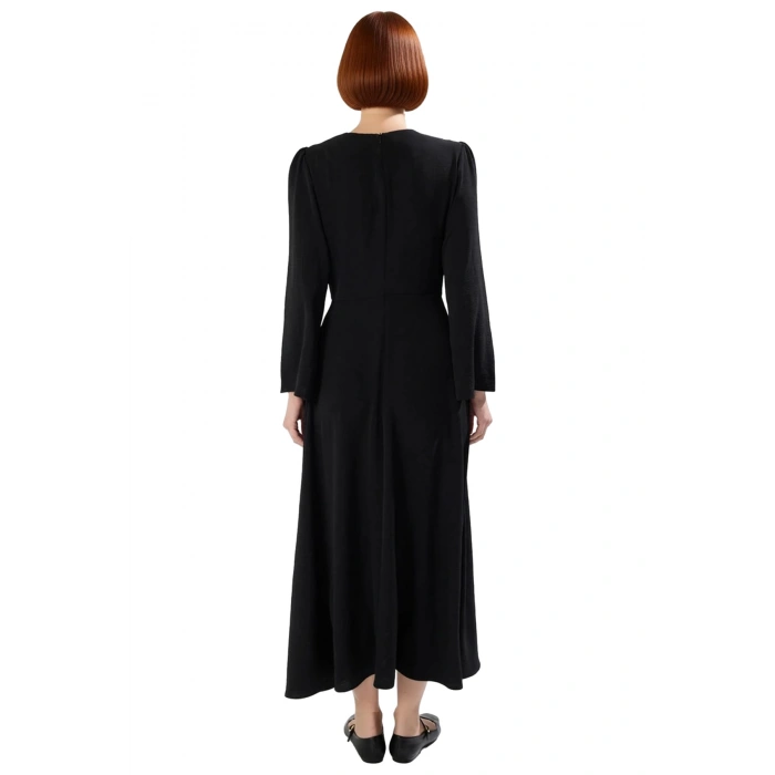 Kadın Aerobin Dokuma Fiyonk Detaylı Maxi Boy Balık Kalıp Uzun Kollu Bisiklet Yaka Düz Elbise