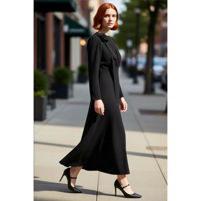 Kadın Aerobin Dokuma Fiyonk Detaylı Maxi Boy Balık Kalıp Uzun Kollu Bisiklet Yaka Düz Elbise