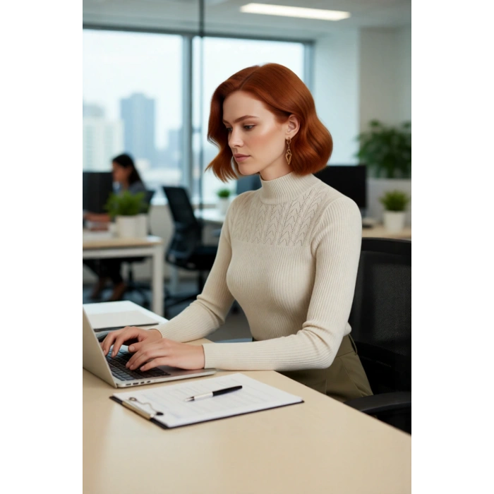 Kadın Ajurlu Deseniyle Şık Dik Yaka Fitted Akrilik Triko Kazak Uzun Kollu Günlük Kombinler İçin