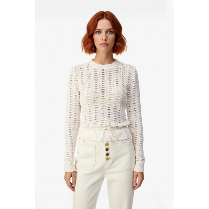 Kadın Ajurlu Fitted Bisiklet Yaka Büzgülü Kollu İnce Triko Kazak İlkbahar Sonbahar Şıklığına Özel