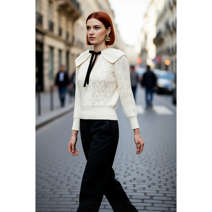 Kadın Ajurlu İnci İşlemeli Fular Yaka Regular Kalıp Triko Kazak Uzun Kollu Soğuk Hava Şıklığı Sunar