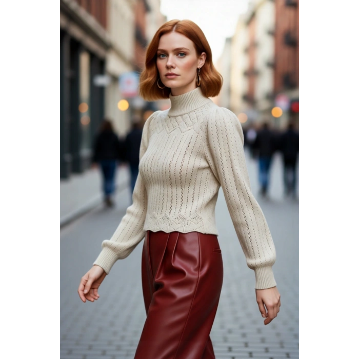 Kadın Ajurlu Örgü Detaylı Dik Yaka Fitted Crop Kazak Balon Kolları İle Kışa Özel Trend Bir Stil