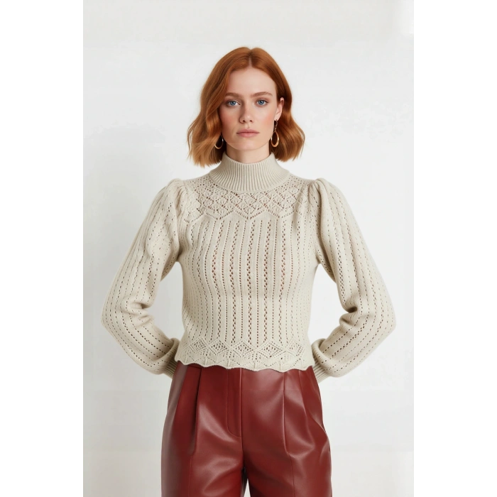 Kadın Ajurlu Örgü Detaylı Dik Yaka Fitted Crop Kazak Balon Kolları İle Kışa Özel Trend Bir Stil