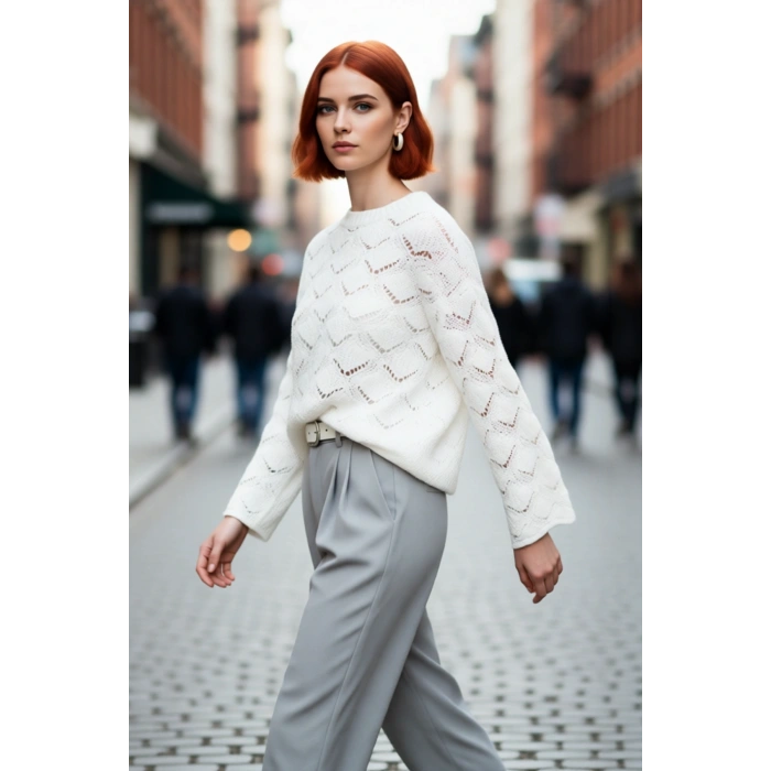 Kadın Ajurlu Oversize Bisiklet Yaka Triko Kazak Modern ve Rahat Stil İçin Kışlık Seçim Kaliteli