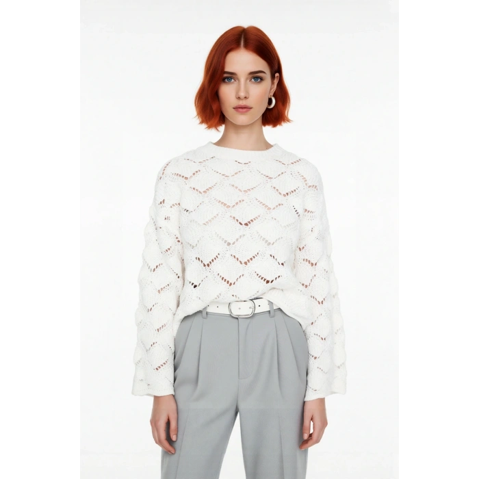 Kadın Ajurlu Oversize Bisiklet Yaka Triko Kazak Modern ve Rahat Stil İçin Kışlık Seçim Kaliteli