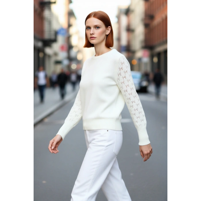 Kadın Akrilik Ajurlu Kollu Bisiklet Yaka Triko Kazak Basic Koleksiyon Kışlık Günlük Şıklık