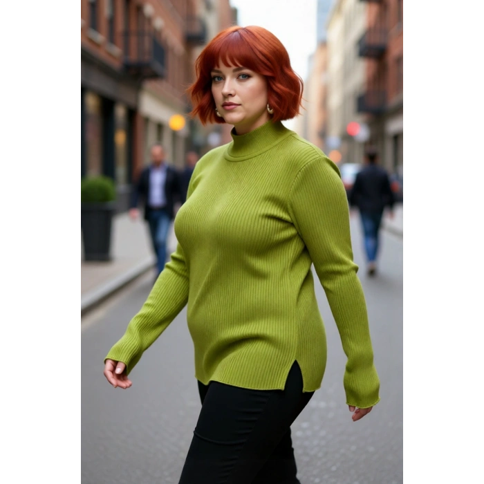 Kadın Akrilik Dik Yaka Fitilli Triko Kazak Fitted Kalıbı İle Konforlu Ve Şık Günlük Giyim Kaliteli