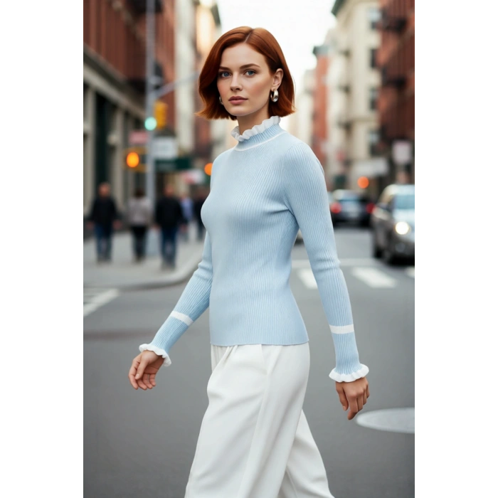 Kadın Akrilik Dokuma Dik Yaka Fitilli Triko Kazak Kış Sezonu İçin Özel Tasarım Rahat Ve Şık Görünüm