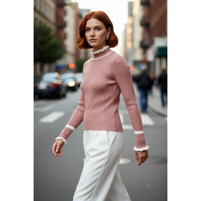 Kadın Akrilik Dokuma Dik Yaka Fitilli Triko Kazak Kış Sezonu İçin Özel Tasarım Rahat Ve Şık Görünüm