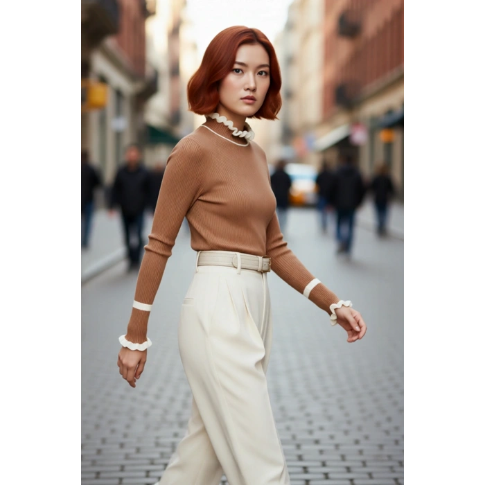 Kadın Akrilik Dokuma Dik Yaka Fitilli Triko Kazak Kış Sezonu İçin Özel Tasarım Rahat Ve Şık Görünüm