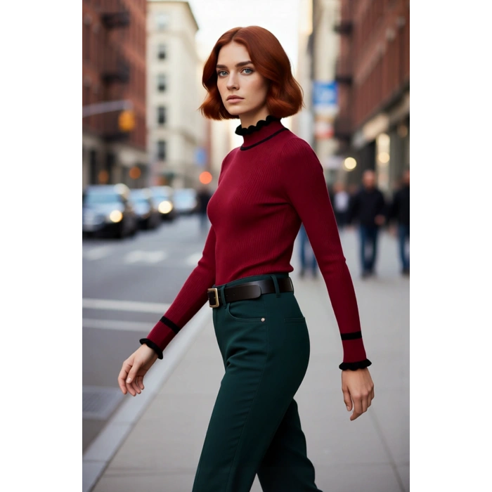 Kadın Akrilik Dokuma Dik Yaka Fitilli Triko Kazak Kış Sezonu İçin Özel Tasarım Rahat Ve Şık Görünüm