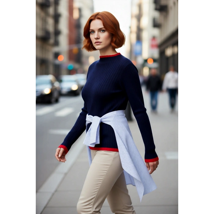 Kadın Akrilik Fitted Kesim Dik Yaka Fitilli Triko Kazak Standart Kol Günlük Rahatlık İçin İdeal