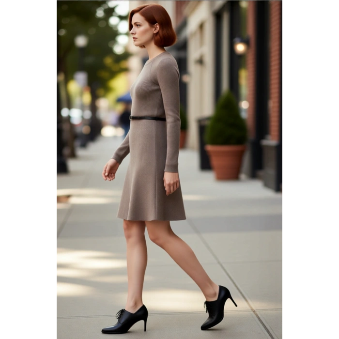 Kadın Akrilik Mini Elbise A line Kesim Kemerli Bisiklet Yaka Uzun Kol Fitilli Kış Günlük Şıklık