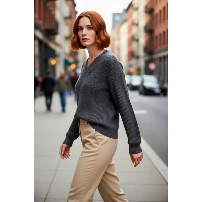 Kadın Akrilik Regular Kalıp Triko Kazak V Yaka Ajurlu Düşük Kol Kışın Günlük Kullanım İçin İdeal.