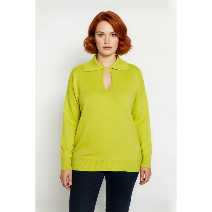 Kadın Akrilik Relaxed Fit Düz Triko Kazak Polo Yaka Detaylı Uzun Kollu Modern Casual Giyim