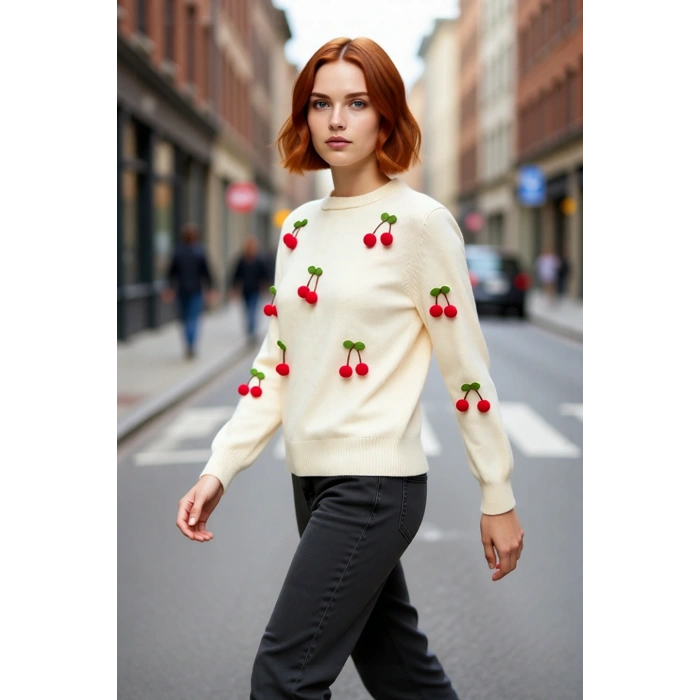 Kadın Akrilik Triko Bisiklet Yaka Nakışlı Uzun Kollu Regular Kazak Kış Günleri İçin Konforlu Stil