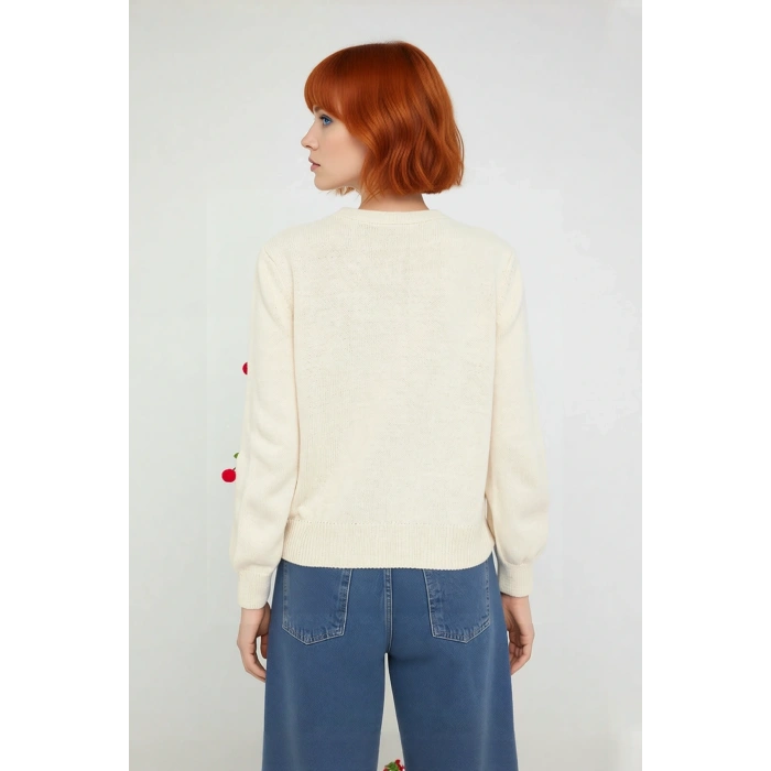 Kadın Akrilik Triko Bisiklet Yaka Nakışlı Uzun Kollu Regular Kazak Kış Günleri İçin Konforlu Stil