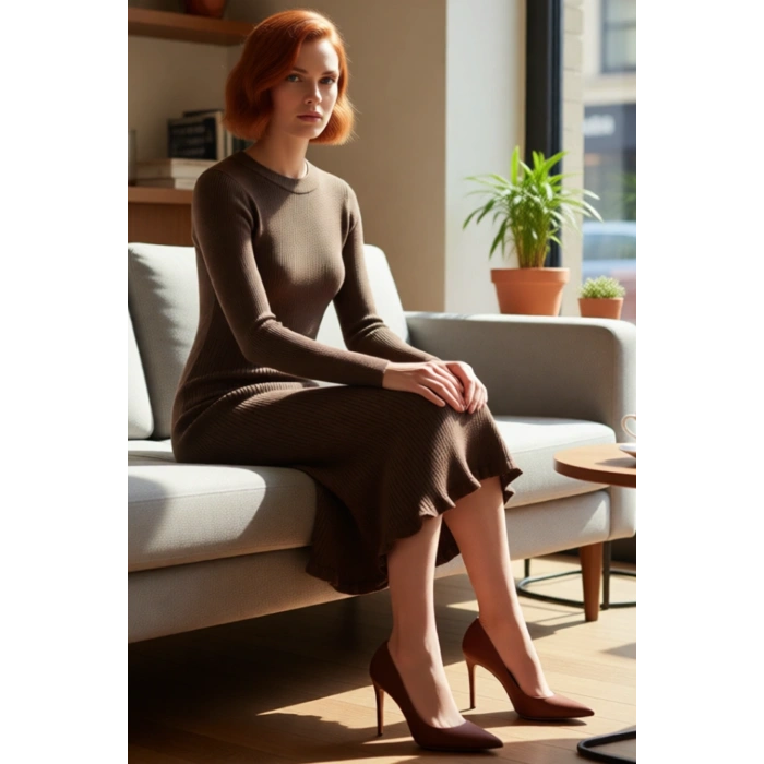 Kadın Akrilik Triko Bodycone Midi Elbise Bisiklet Yaka Uzun Kol Düz Desenli Günlük Rahat Şıklık