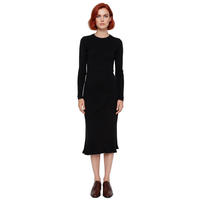 Kadın Akrilik Triko Bodycone Midi Elbise Bisiklet Yaka Uzun Kol Düz Desenli Günlük Rahat Şıklık