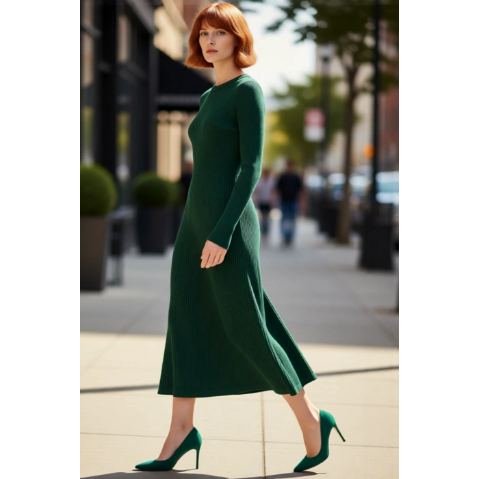 Kadın Akrilik Triko Bodycone Midi Elbise Bisiklet Yaka Uzun Kol Düz Desenli Günlük Rahat Şıklık