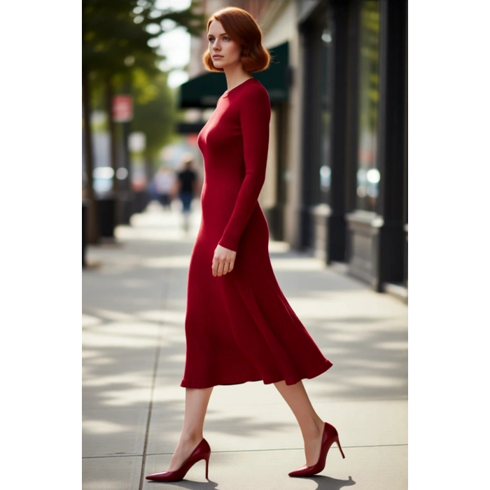 Kadın Akrilik Triko Bodycone Midi Elbise Bisiklet Yaka Uzun Kol Düz Desenli Günlük Rahat Şıklık