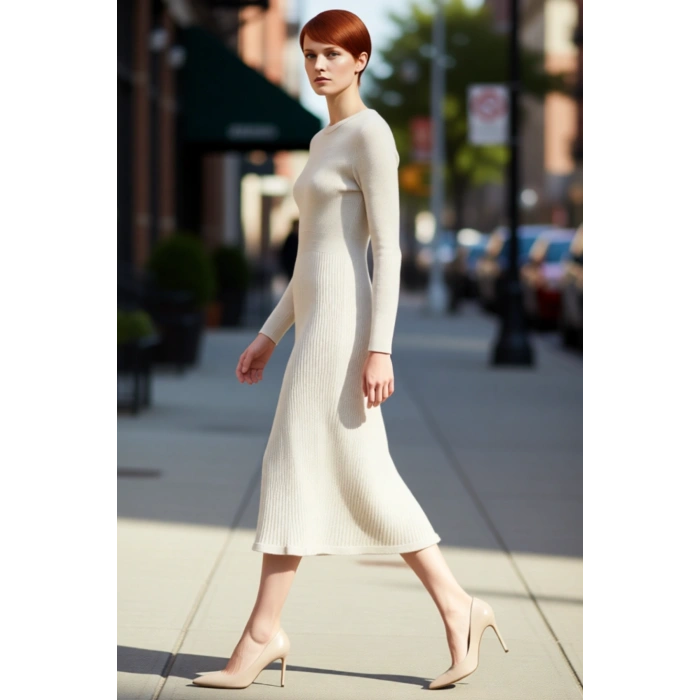 Kadın Akrilik Triko Bodycone Midi Elbise Bisiklet Yaka Uzun Kol Düz Desenli Günlük Rahat Şıklık