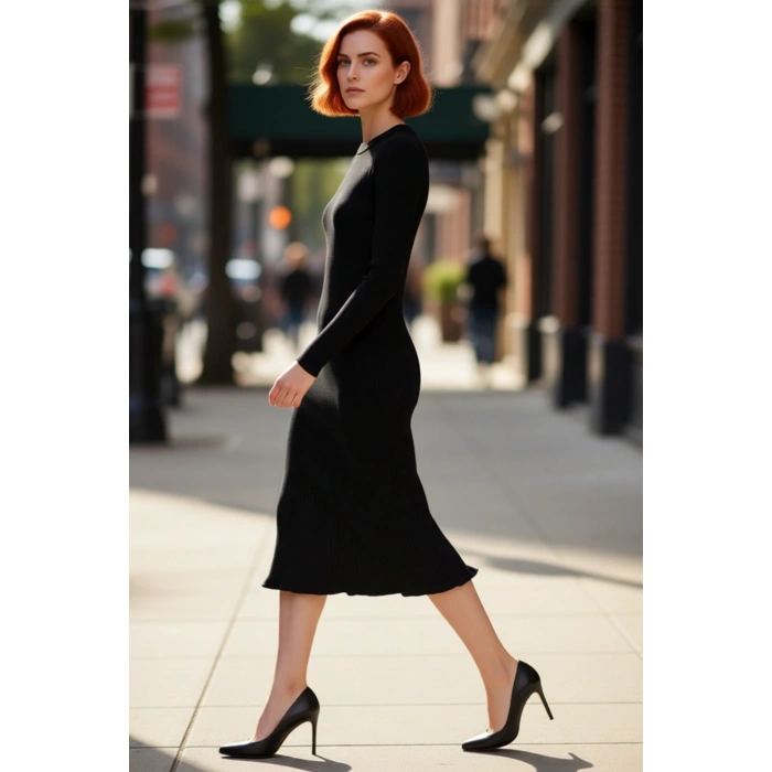 Kadın Akrilik Triko Bodycone Midi Elbise Bisiklet Yaka Uzun Kol Düz Desenli Günlük Rahat Şıklık