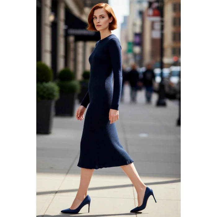 Kadın Akrilik Triko Bodycone Midi Elbise Bisiklet Yaka Uzun Kol Düz Desenli Günlük Rahat Şıklık